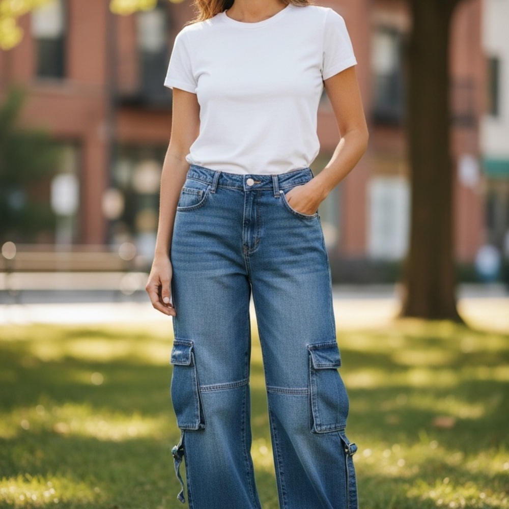 Daisy Women Wide Leg Cargo Jeans - Medium Denim Sz XL